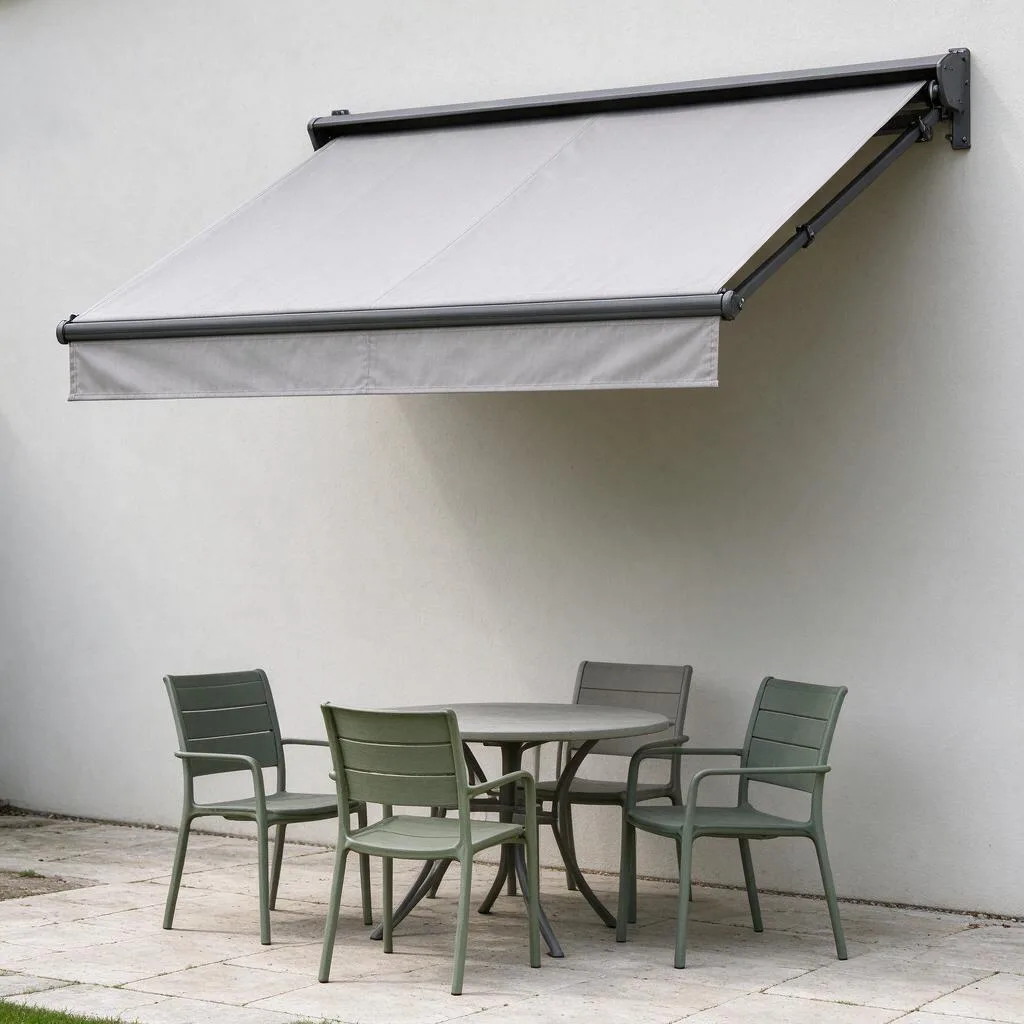 An awning over a patio with a table and chairs below