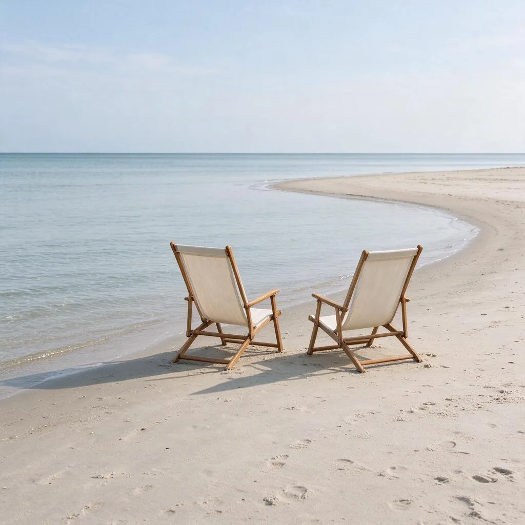 Beach chairs standing on sand near the water edge