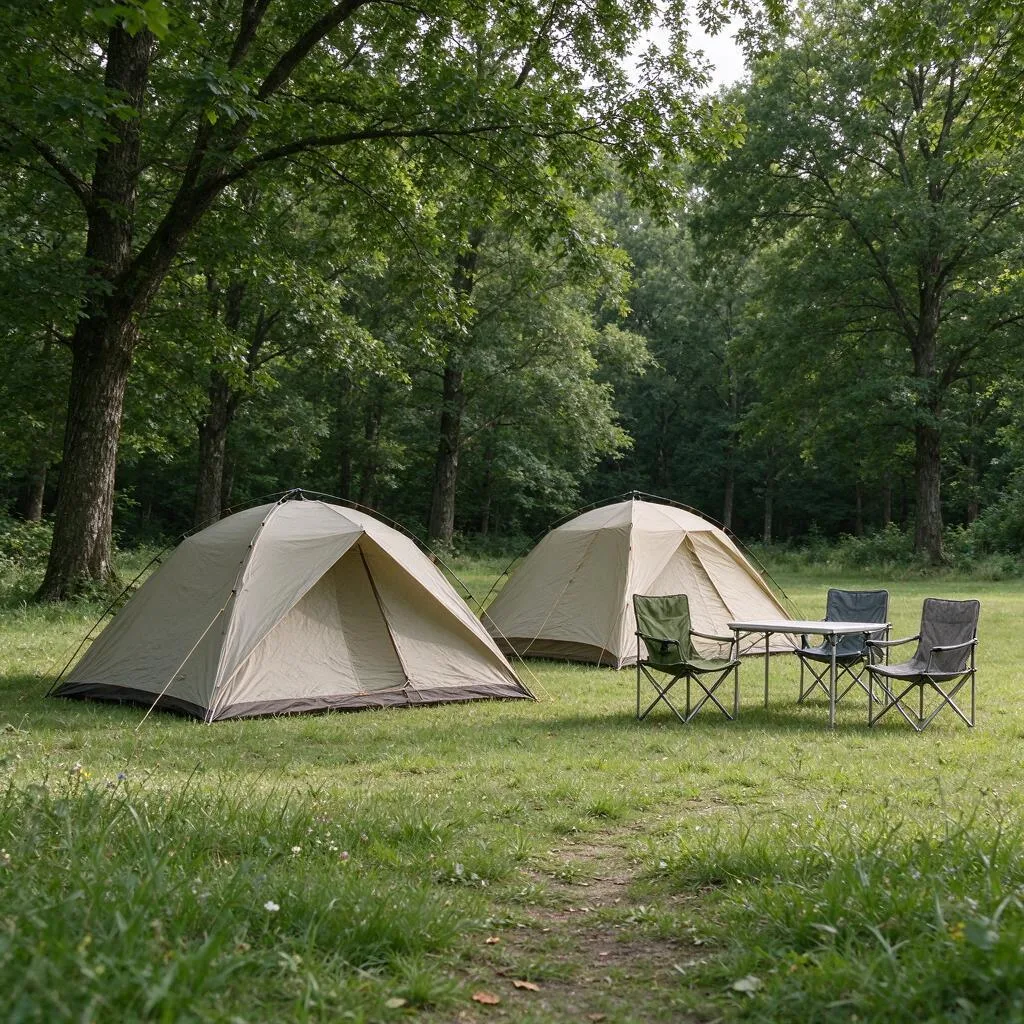 Tents, chairs and a table arranged on a grass clearing