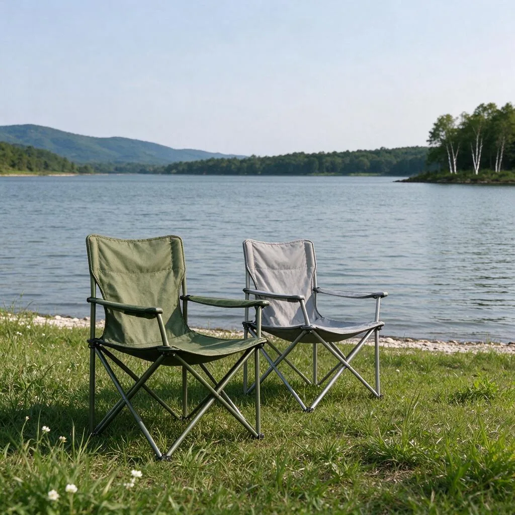 Folding beach chairs standing on grass near a lake