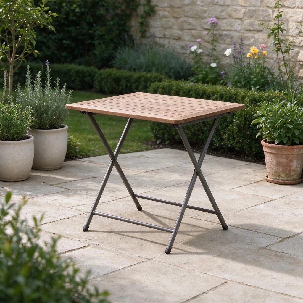 A folding table standing on a patio