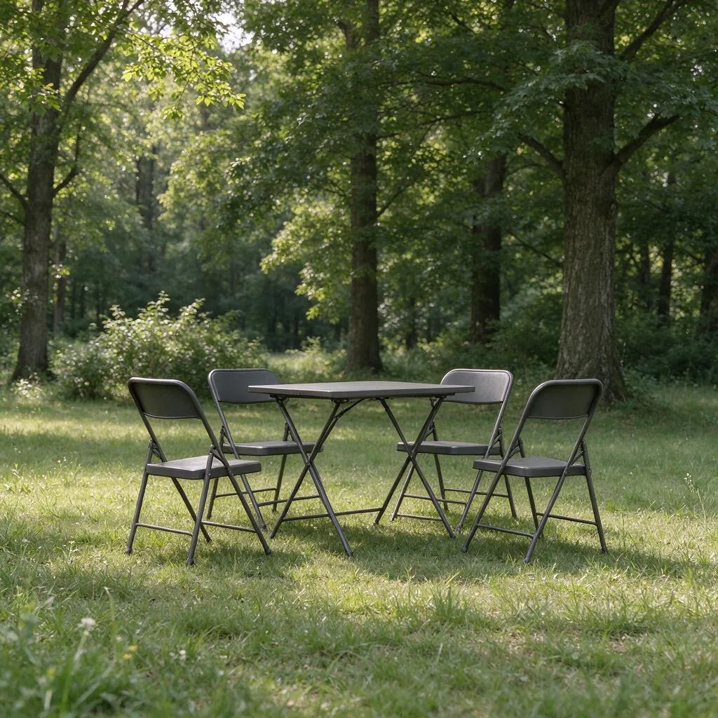 A folding table with chairs on a grass clearing