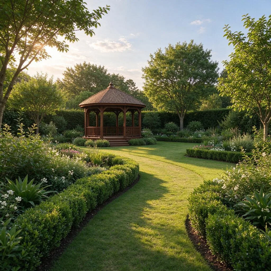 A gazebo standing in a garden with a lawn path