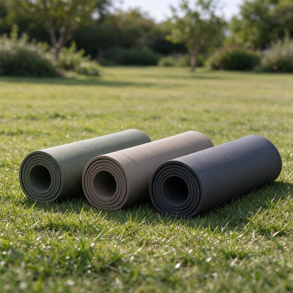 Rolled mats lying on grass