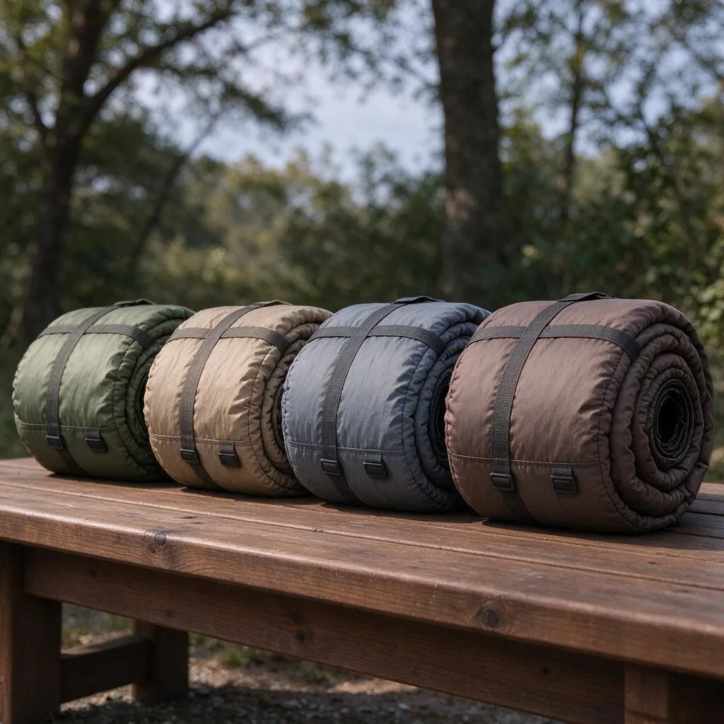 Rolled sleeping bags arranged on a wooden bench