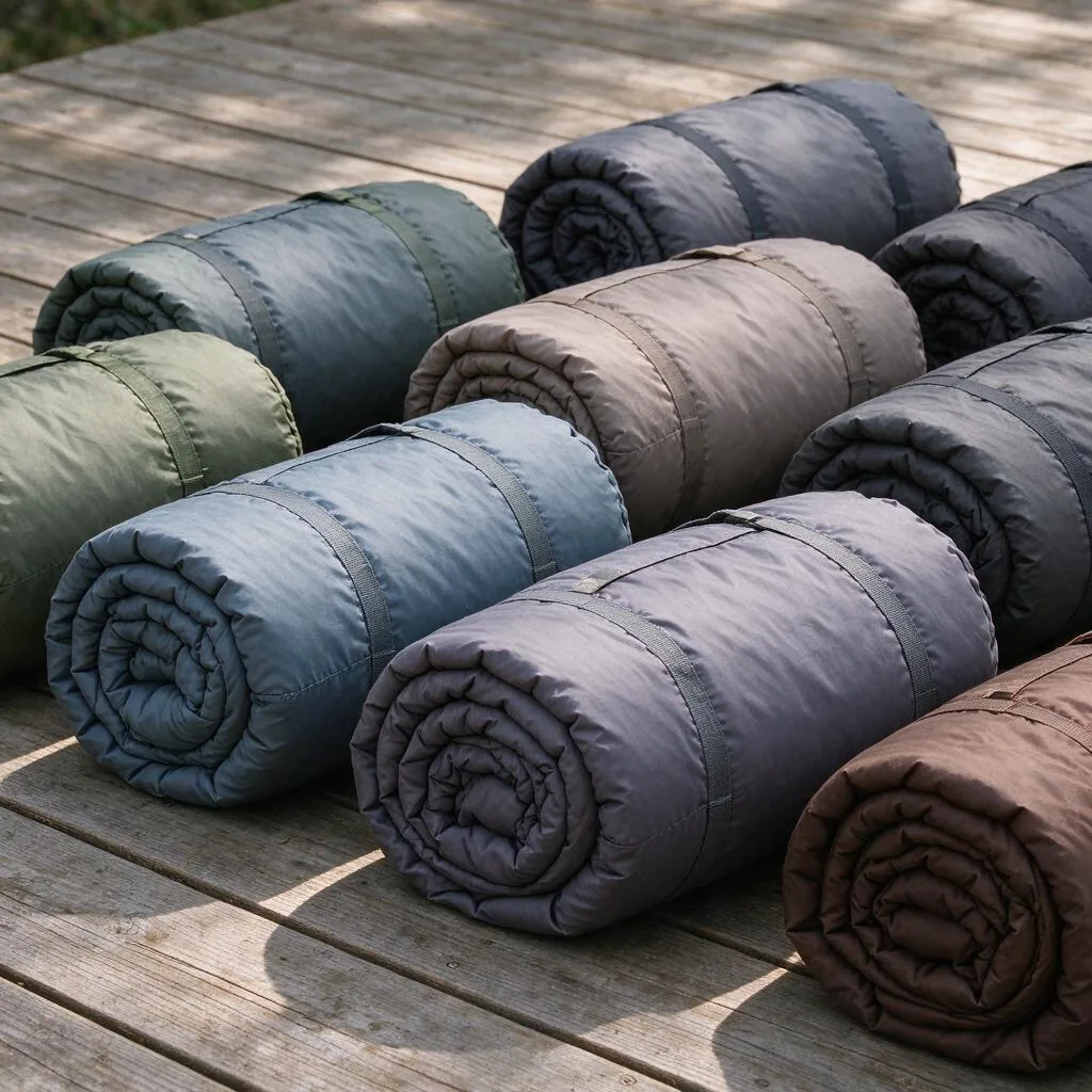 Rolled sleeping bags on a wooden deck