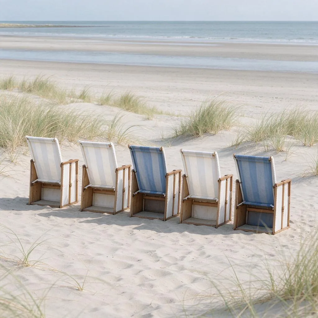A row of beach chairs on sand with dune grass behind