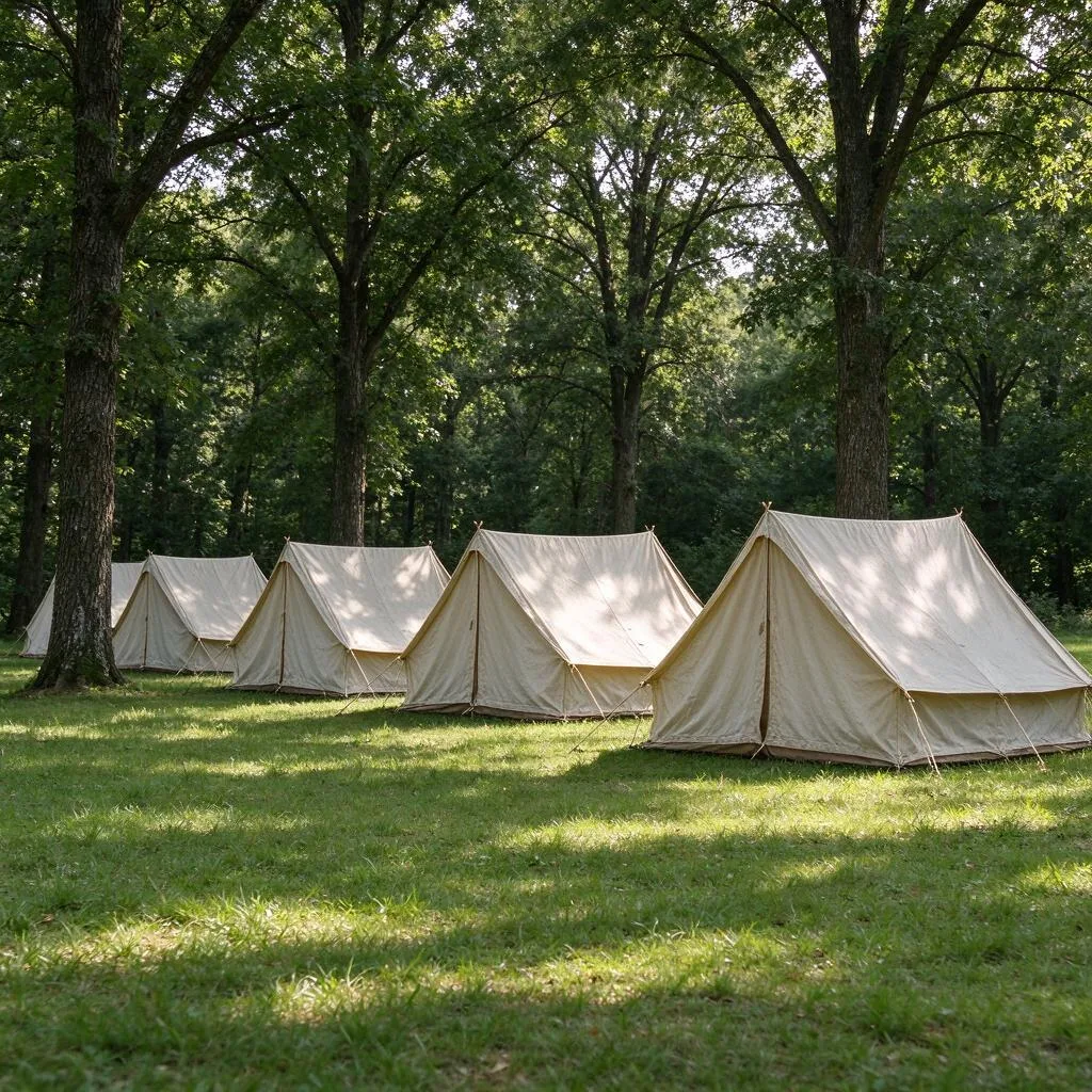 A row of tents under trees on grass