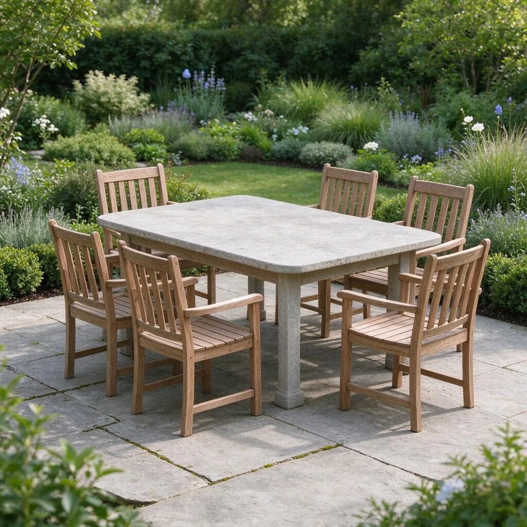 A table and chairs on a stone patio