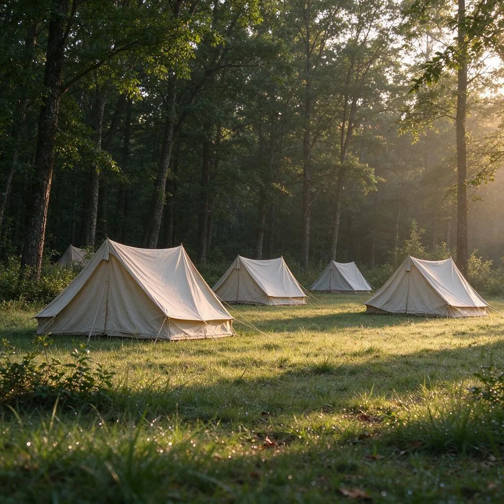 Tents standing at the edge of a wooded area in morning light